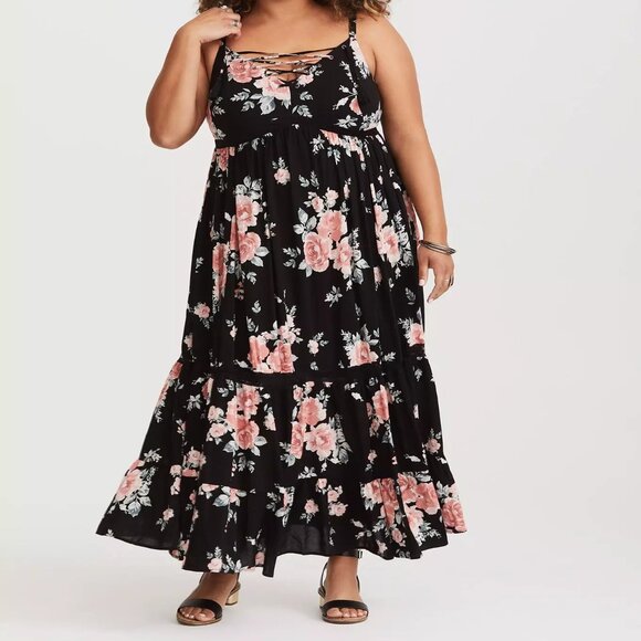 Torrid Size 3 Black Floral Tassel Lace-up Neck Maxi Dress - Picture 1 of 16